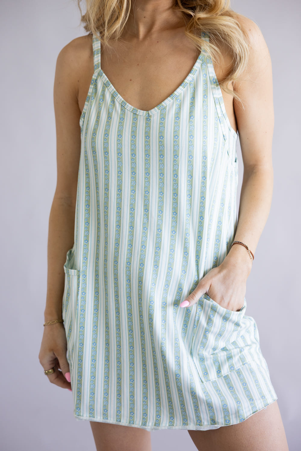 Simply Southern Tara Romper Dress for Women in Robins Egg Stripe 