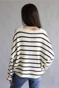A woman viewed from behind wearing a cream knit sweater with dark brown horizontal stripes and blue jeans, set against a plain gray studio background.