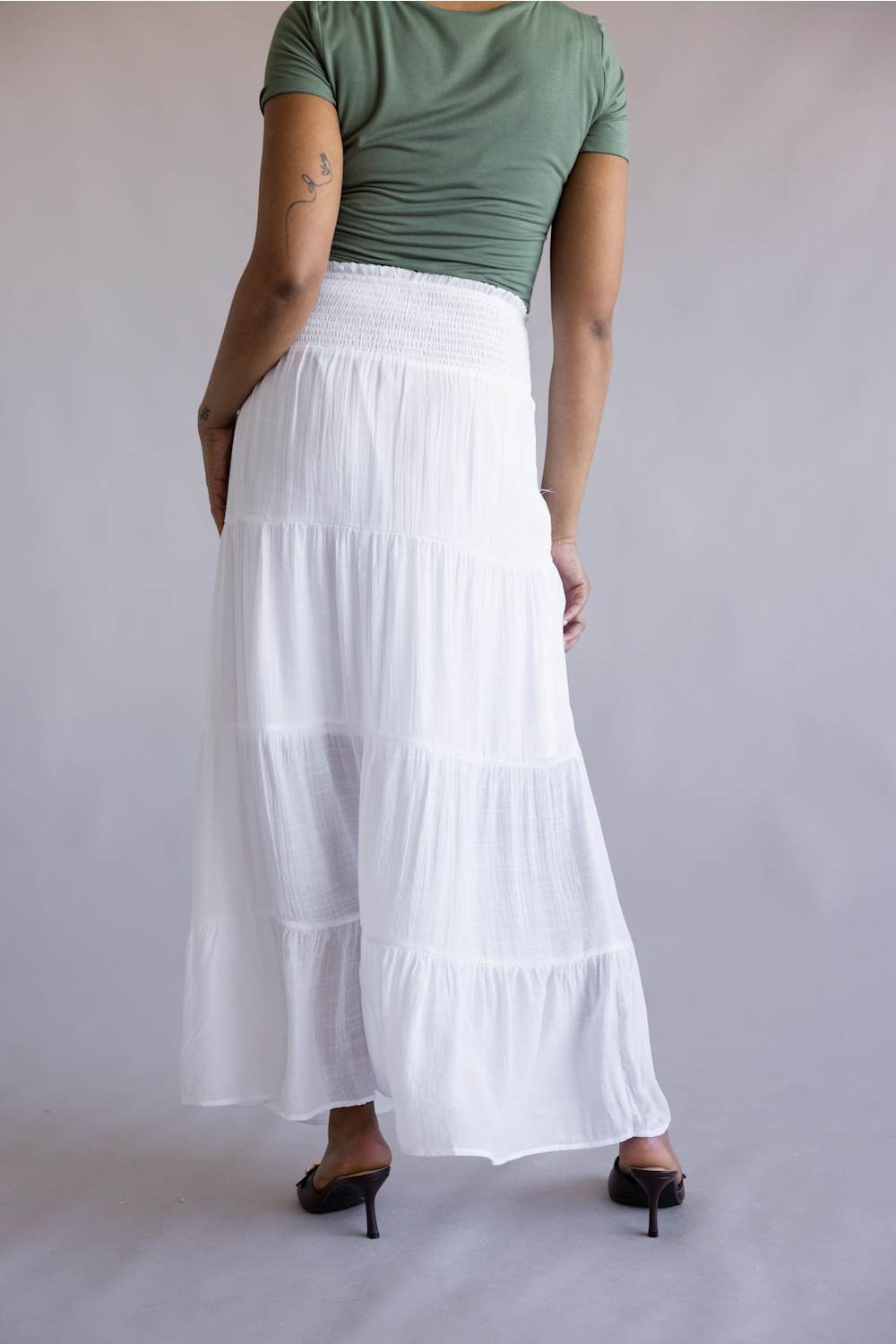 Love Tree Tie Waist Tiered Maxi Skirt for Women in White