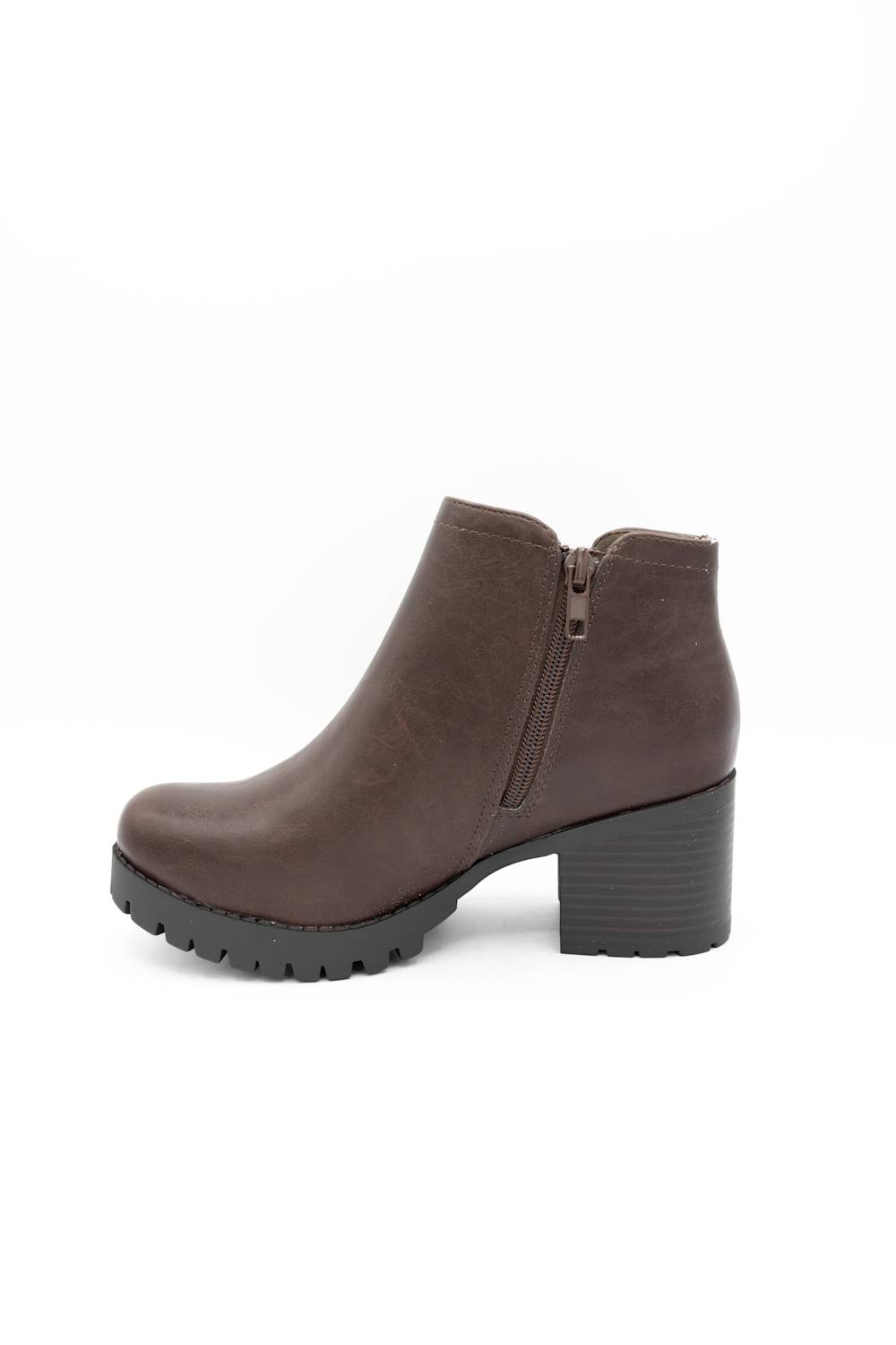 A single brown leather ankle boot with a chunky block heel and a black textured sole, shown from a side profile on a white background.