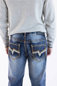 Back view of Men's True Luck Truman Loose Straight jeans in a dark wash, showcasing detailed contrast stitching, decorative embroidery on the back patch pockets, and a black logo patch at the waistband.