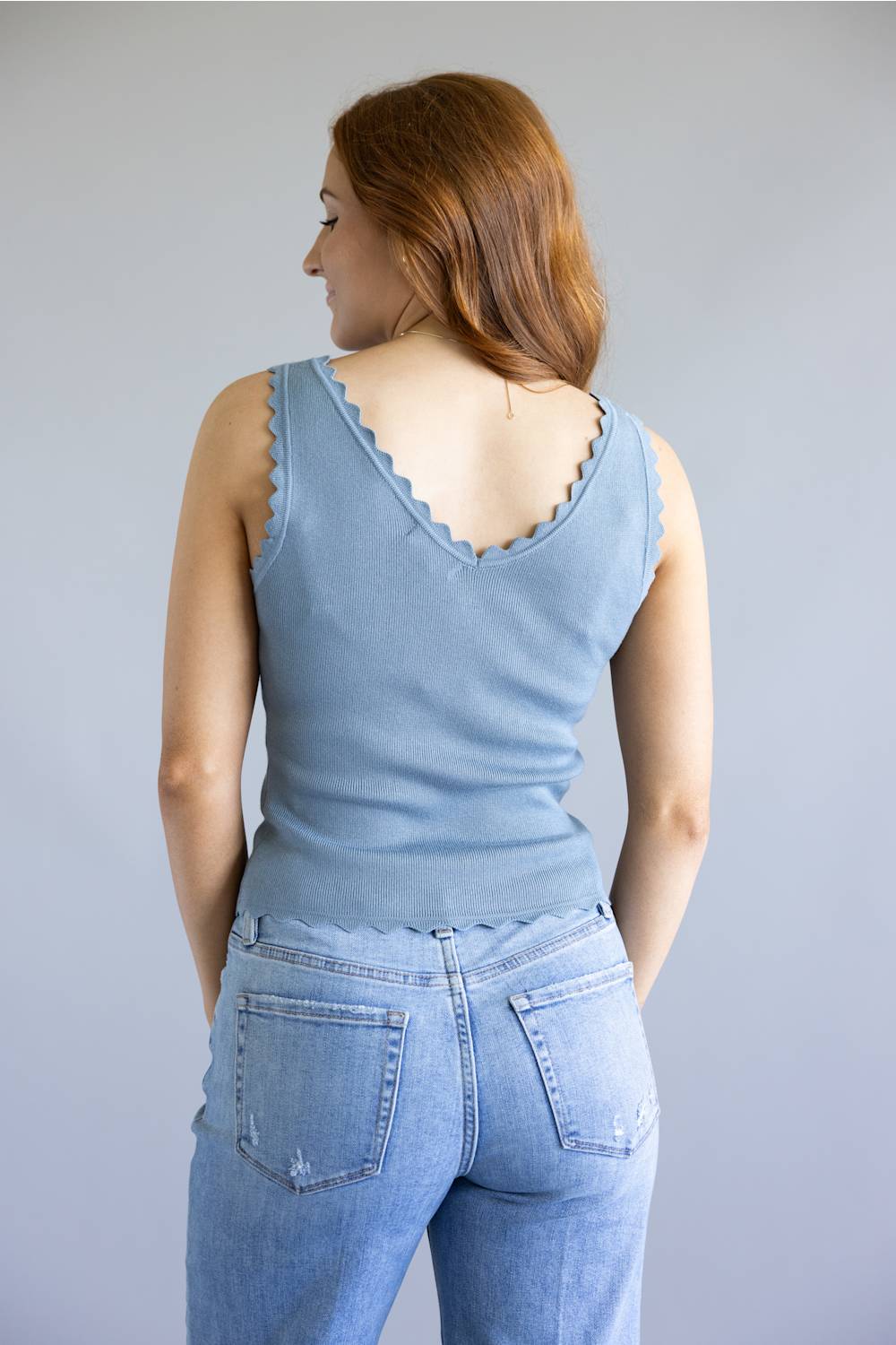 Scallop Tank Top for Women in Dusty Blue