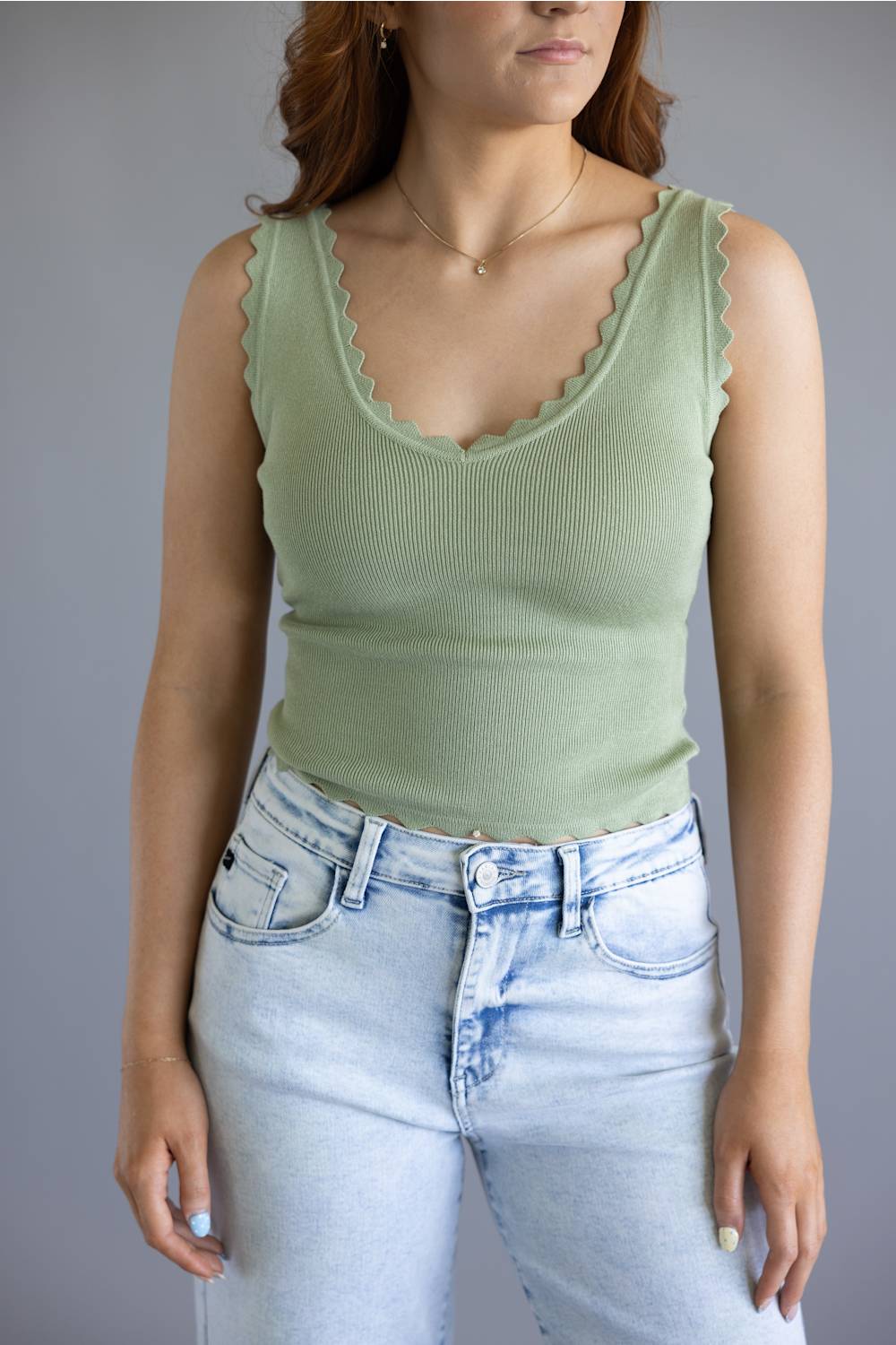 Scallop Tank Top for Women in Olive