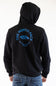 A man viewed from the back wearing a black hoodie featuring a blue graphic print of a mountain range with the text 'THE NORTH FACE' and 'NEVER STOP EXPLORING SINCE 1966'.