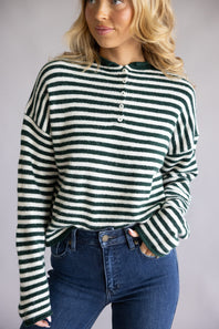 Things Between Piper Henley Shirt for Women in Forest Green Stripe