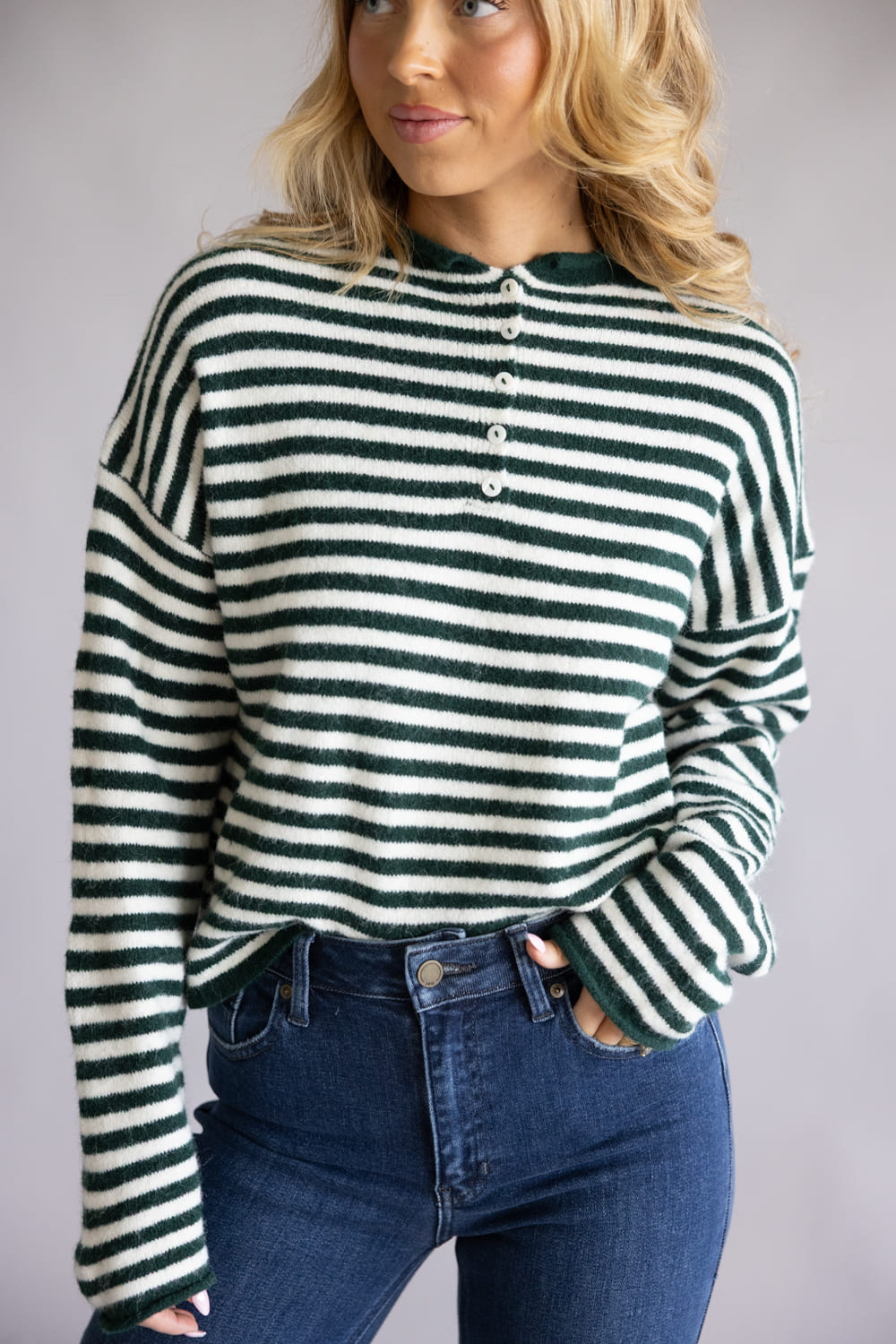 Things Between Piper Henley Shirt for Women in Forest Green Stripe