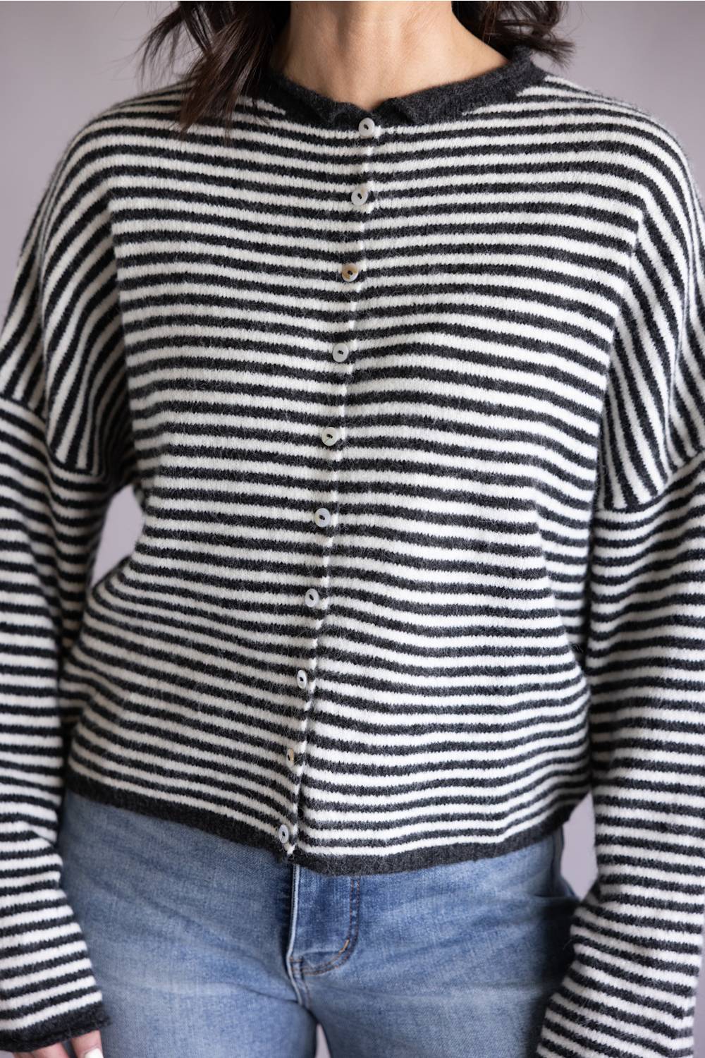 Things Between Striped Piper Cardigan for Women in Charcoal
