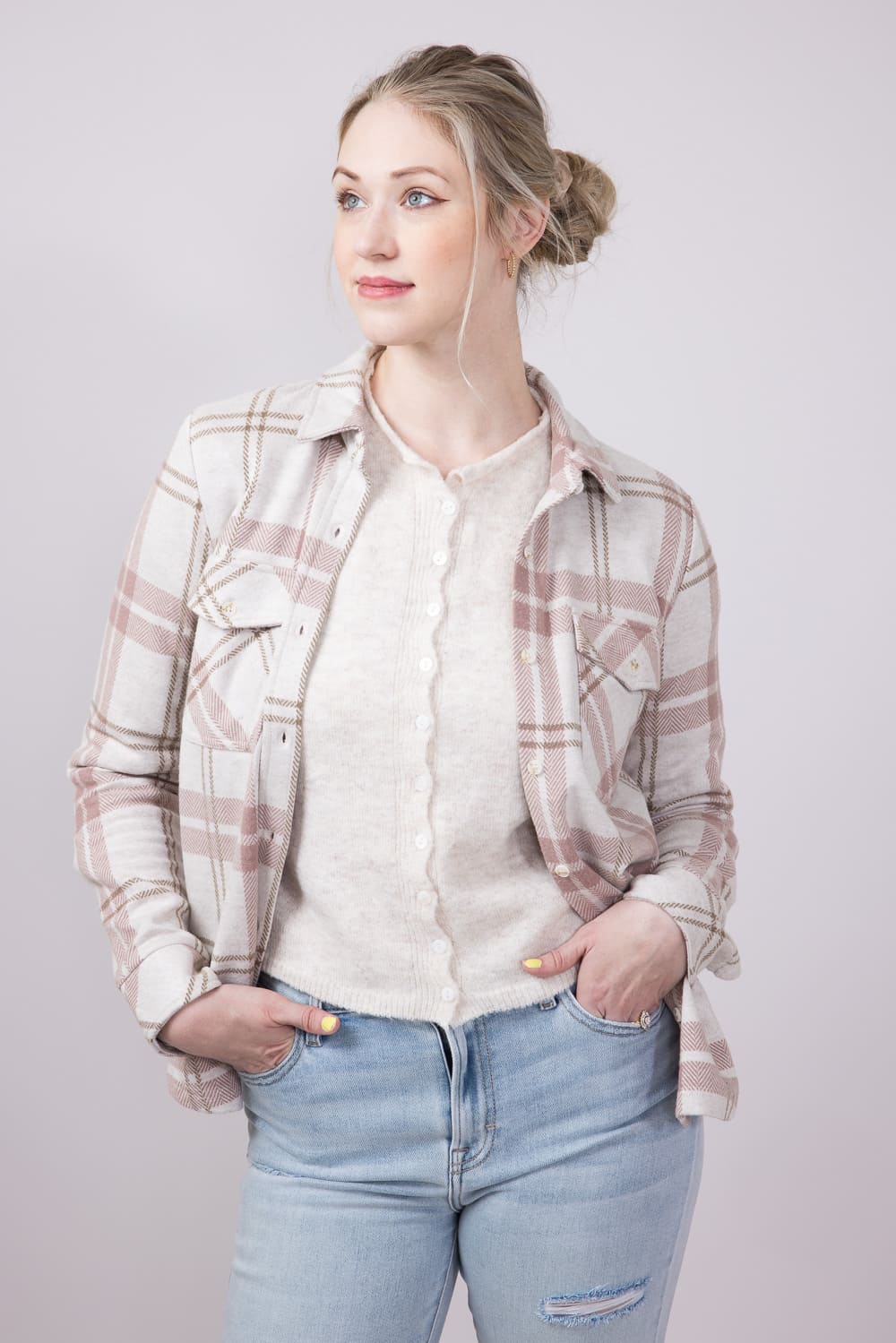 Thread & Supply Cassin Soft Luxe Button Up Shirt in Mauve Tan Plaid