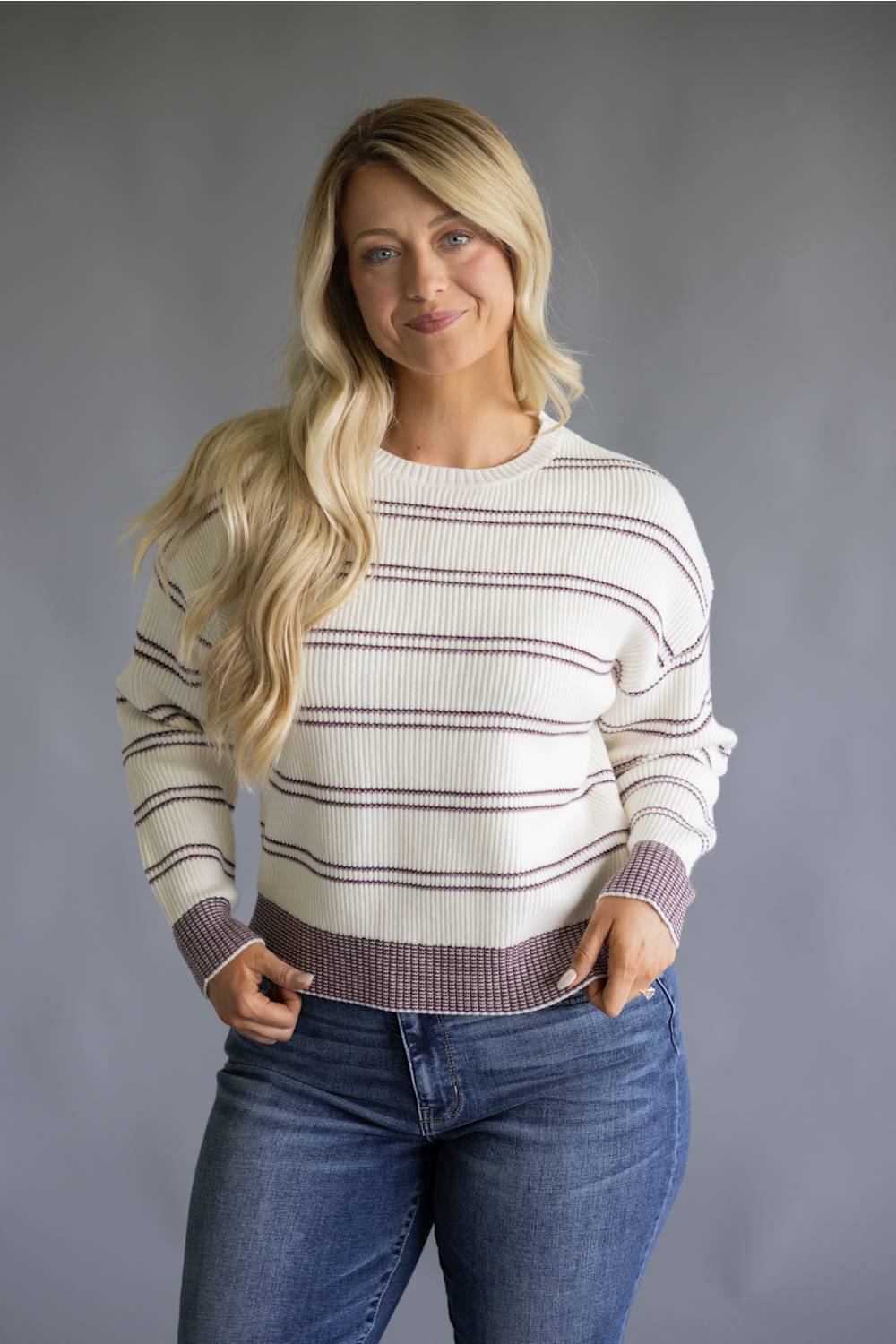 Thread & Supply Ely Knit Sweater for Women in Cream/Burgundy Stripe