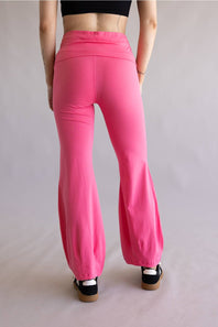 Tie Waist Bubble Flare Leggings for Women in Flamingo Pink