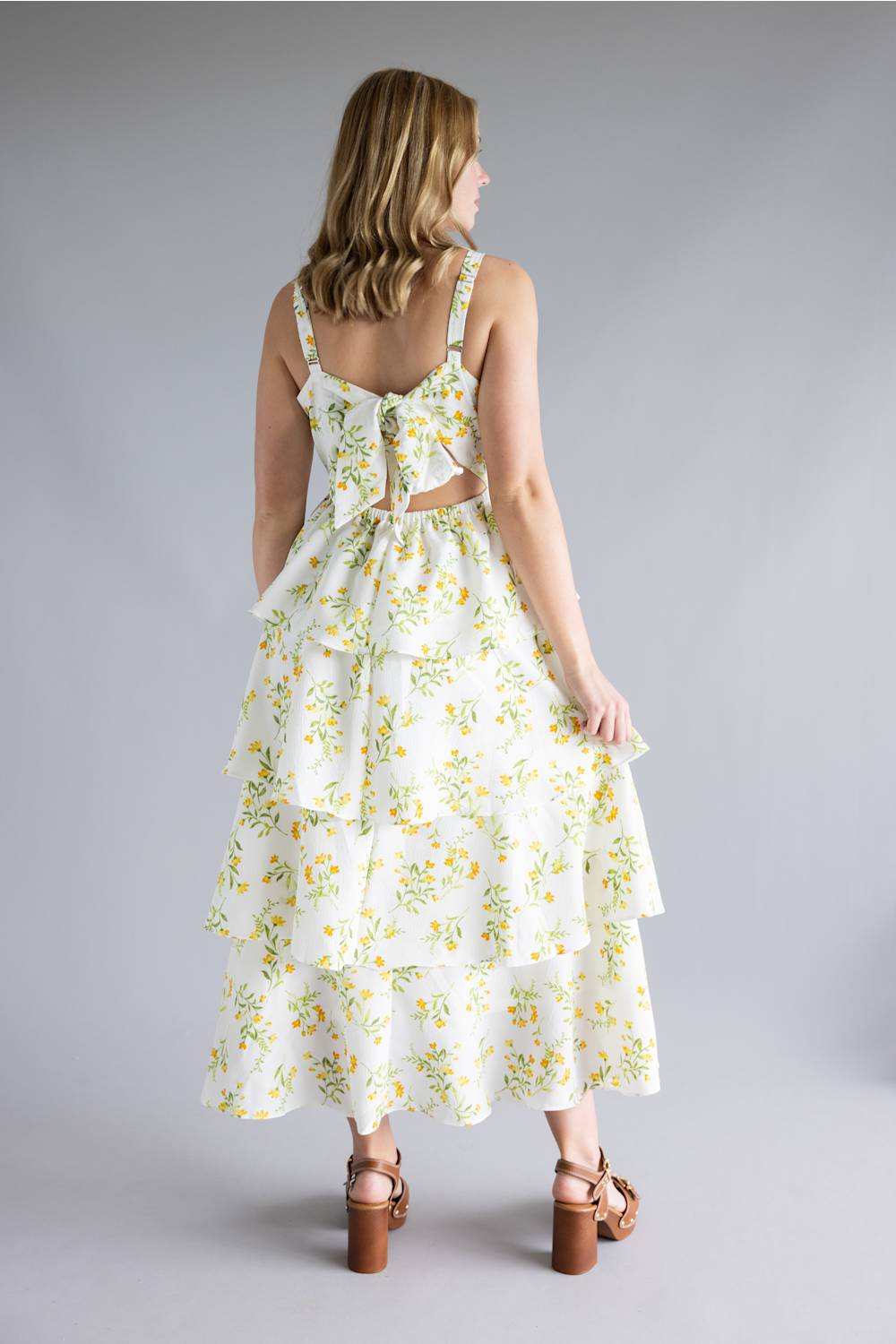 Tiered Tie Back Floral Maxi Dress for Women in White/Yellow