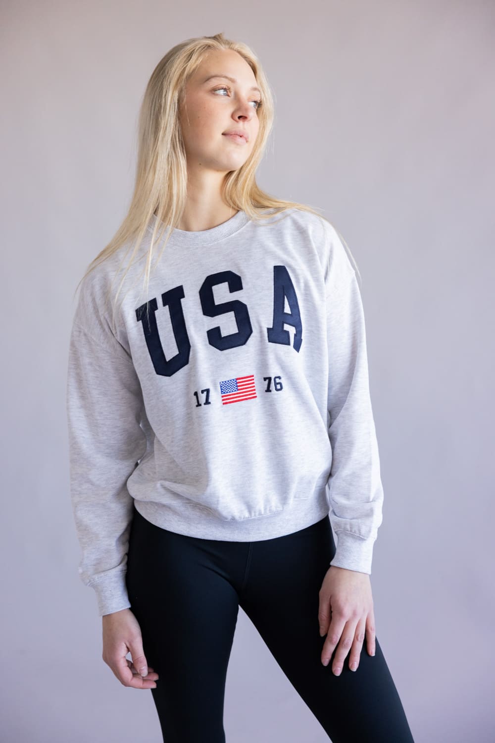 Embroidered USA 1776 Crewneck for Women in Grey | T1135-ICEGREY