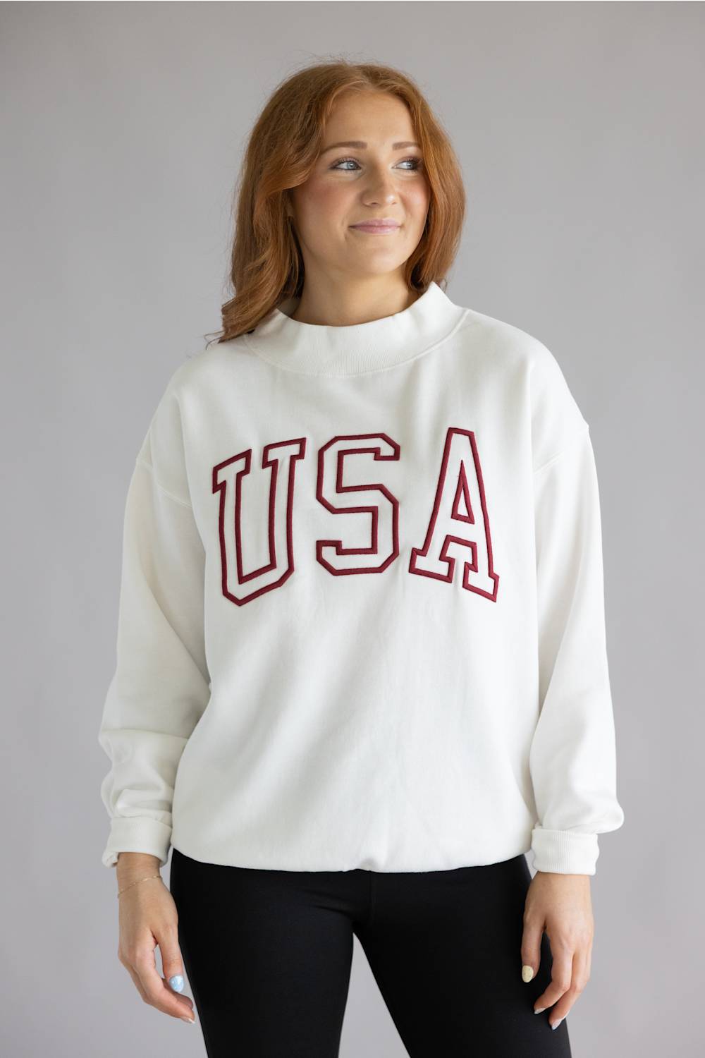 1897 Active USA Embroidered Mock Neck Sweatshirt for Women in Ivory