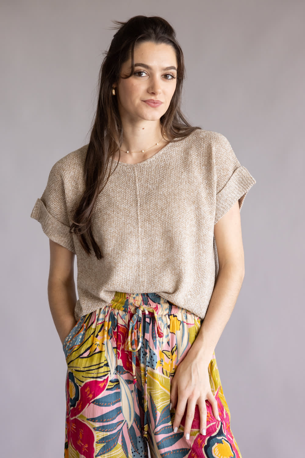 La Miel V-Neck Short Sleeve Sweater for Women in Taupe