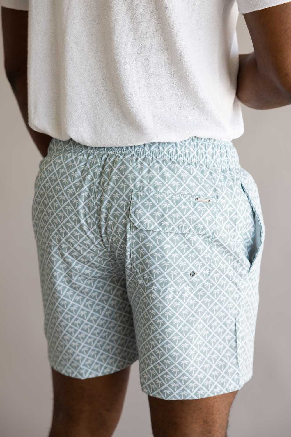 Vintage Summer 4 Way Stretch Volley Shorts for Men in Sage Palm Trees