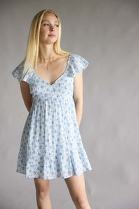 Floral Flutter Sleeve Dress for Women in Sky Blue