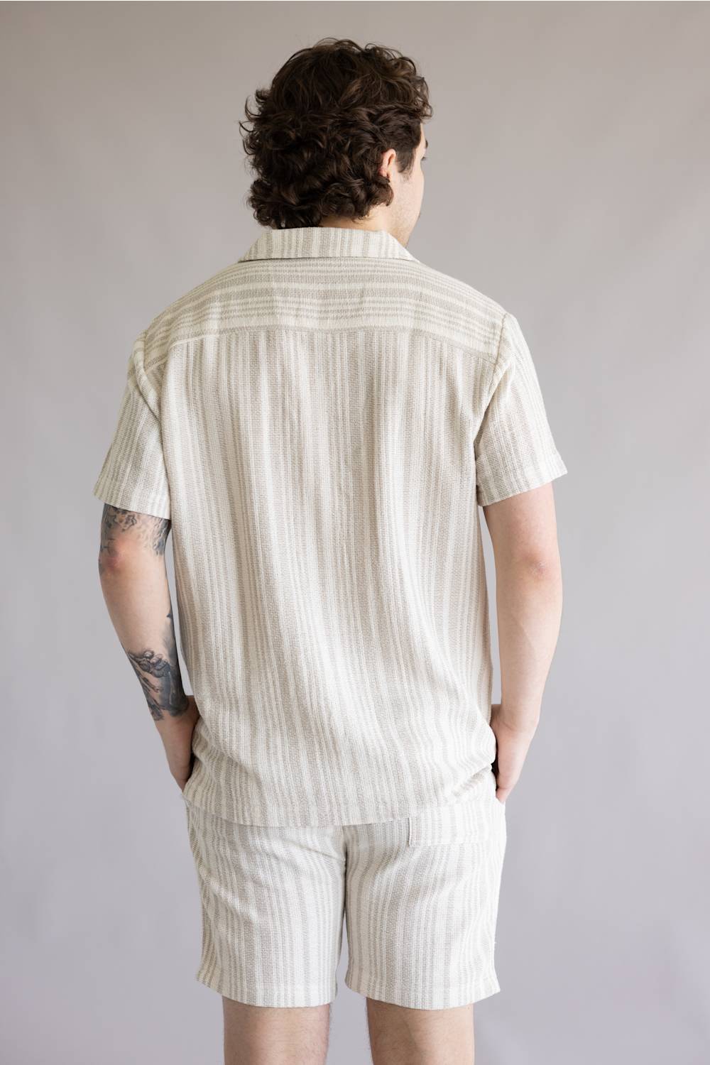Vintage Summer Basketweave Button Up Shirt for Men in Tan