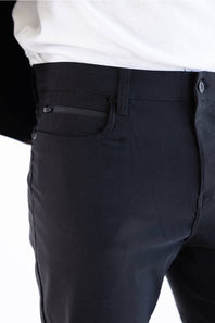 Close-up of a person wearing dark charcoal gray trousers with a white shirt tucked in, showing the back pocket and button area.