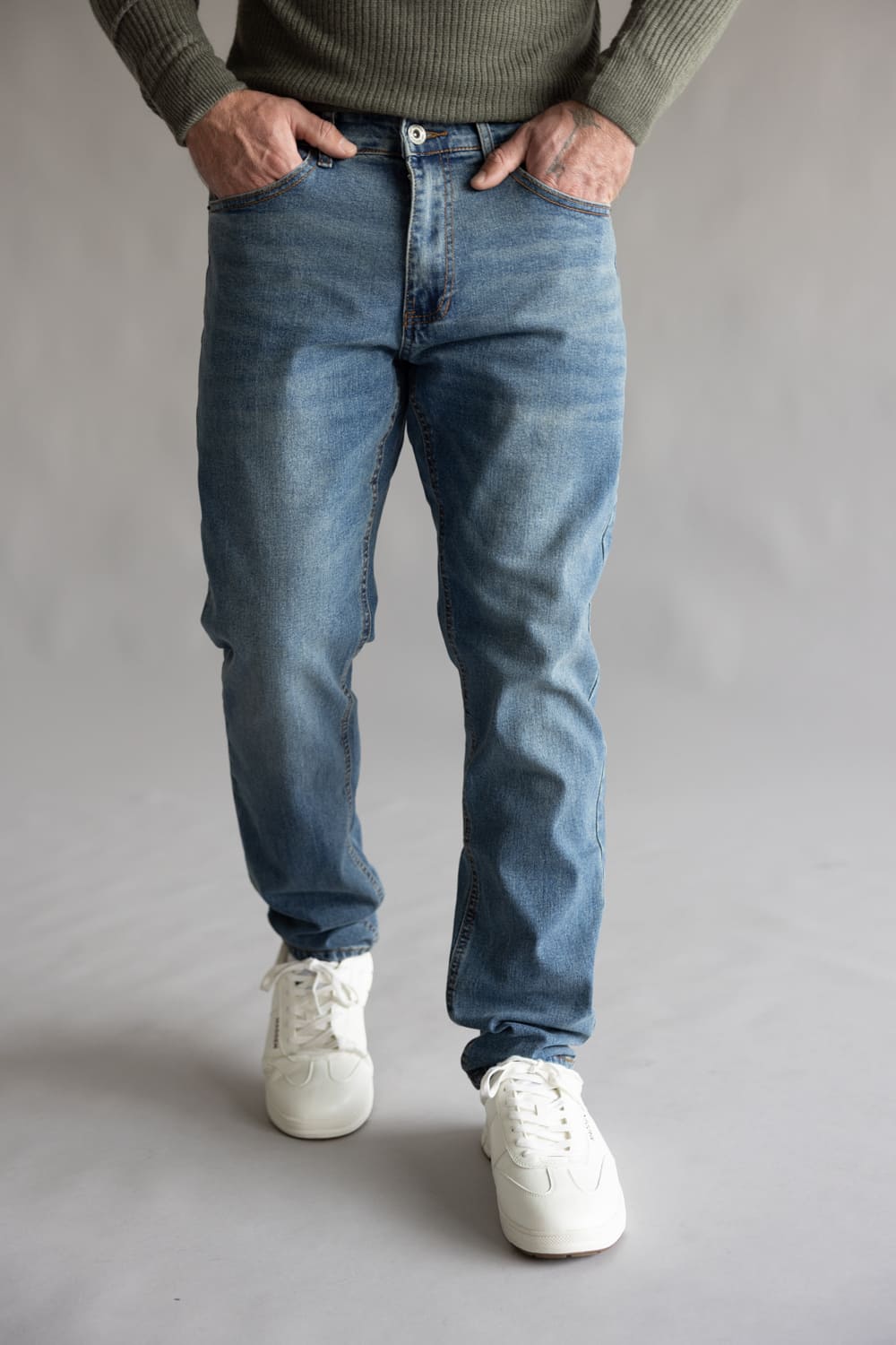 Weatherproof Vintage Athletic Jeans for Men in Rainwash