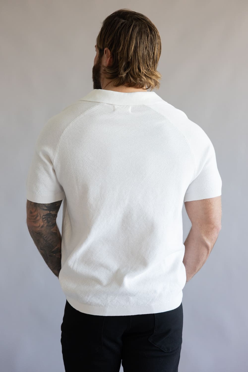Weatherproof Vintage Johnny Collar Polo Sweater Shirt for Men in Bleached White