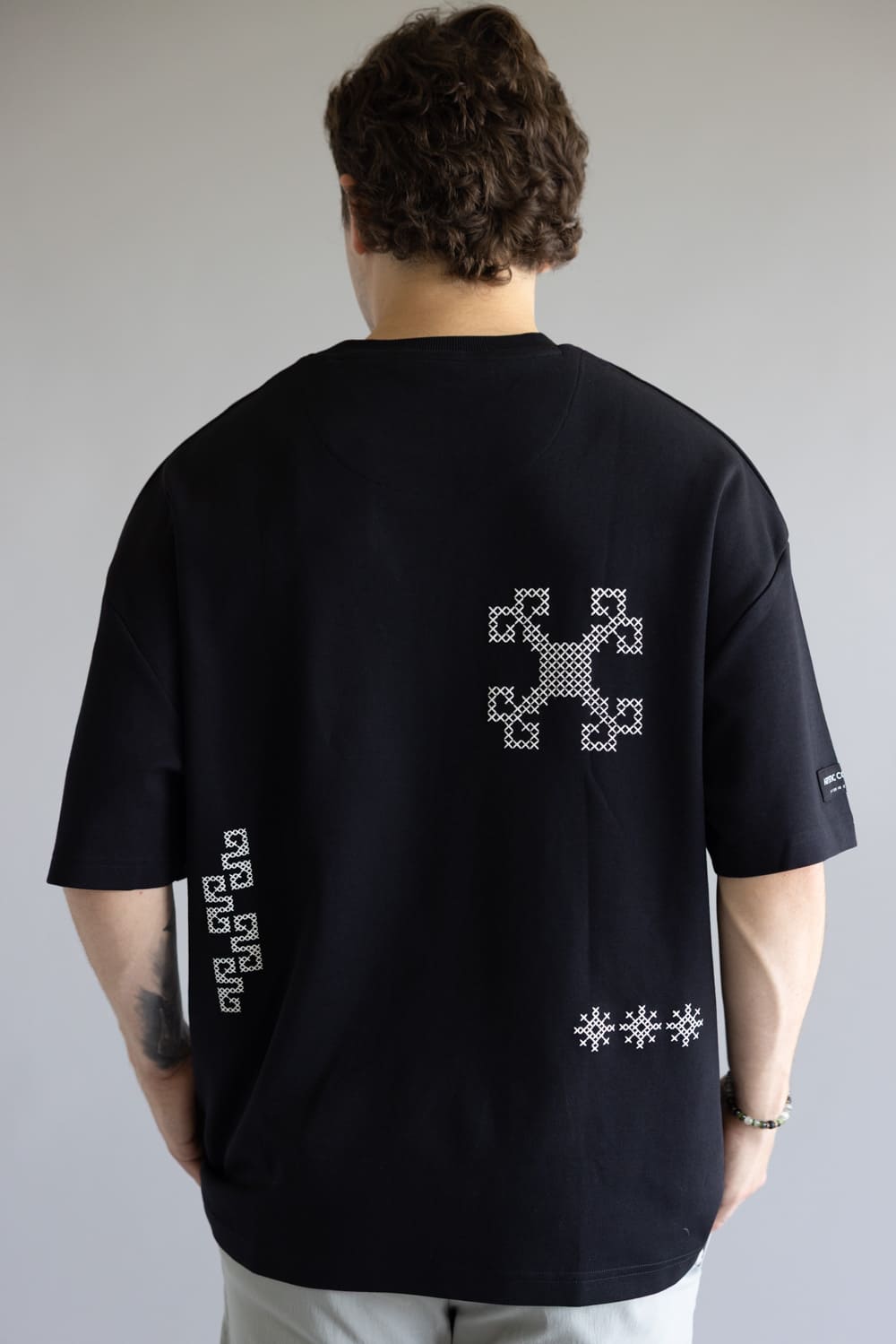 White Geo Embroidered T-Shirt for Men in Black