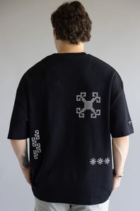White Geo Embroidered T-Shirt for Men in Black