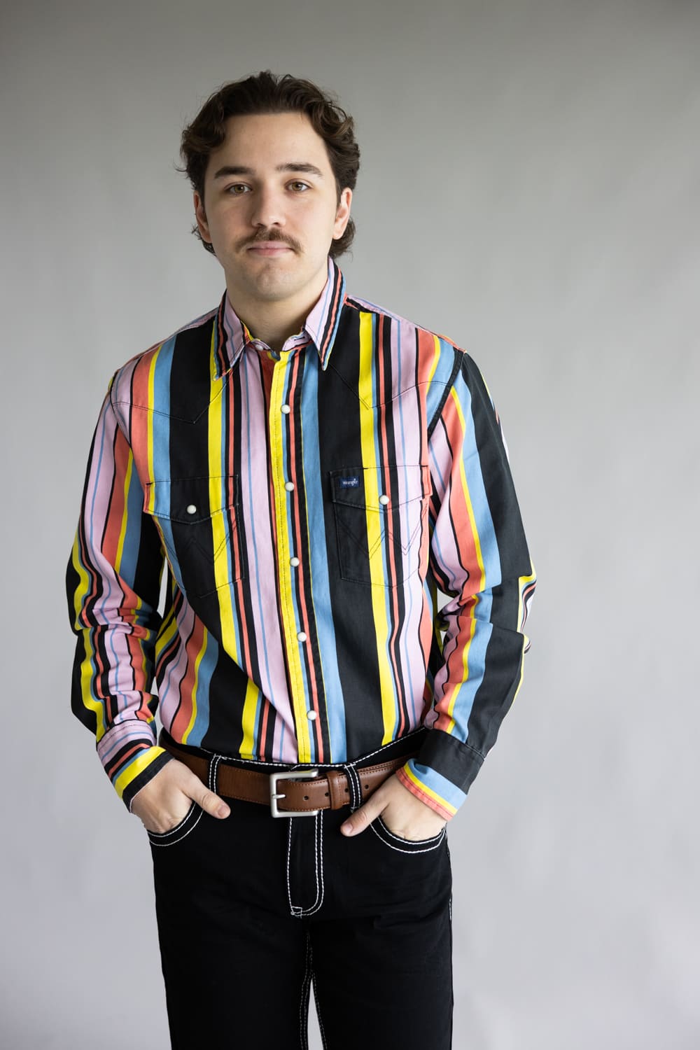 Wrangler Brushpopper Snap Workshirt for Men in Black/Candy Stripe