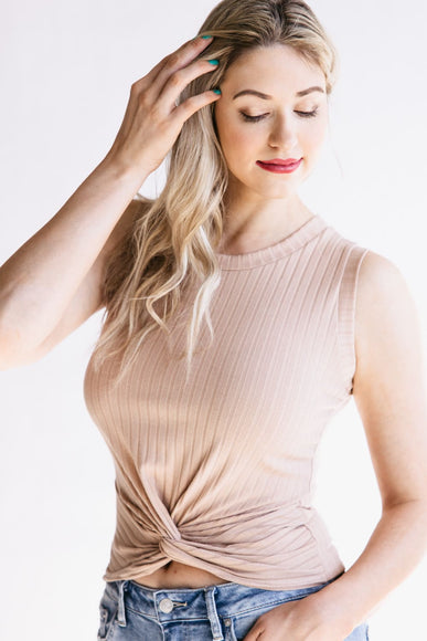 Ribbed Knit Twist Front Tank Top for Women in Mocha