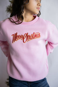 Simply Southern Youth Merry Christmas Embroidered Sweatshirt for Girls in Pink