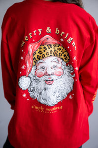 Simply Southern Youth Leopard Hat Santa Long Sleeve T-Shirt for Girls in Red
