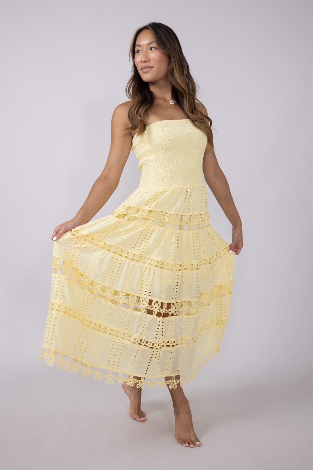 Eyelet Lace Strapless Midi Dress for Women in Yellow