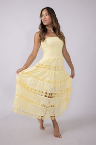 Eyelet Lace Strapless Midi Dress for Women in Yellow