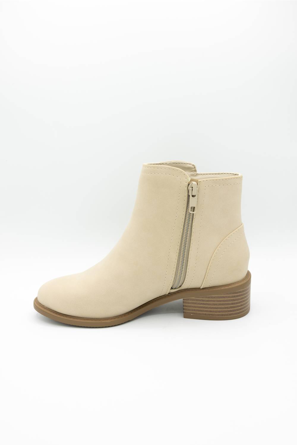 A single beige suede ankle boot with a side zipper and a low block heel, shown from a side profile on a white background.