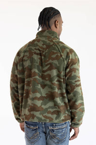 Rear view showing the back profile and fit of the Carhartt Men's Elkhart zip-up fleece jacket featuring an Army Green camouflage pattern.
