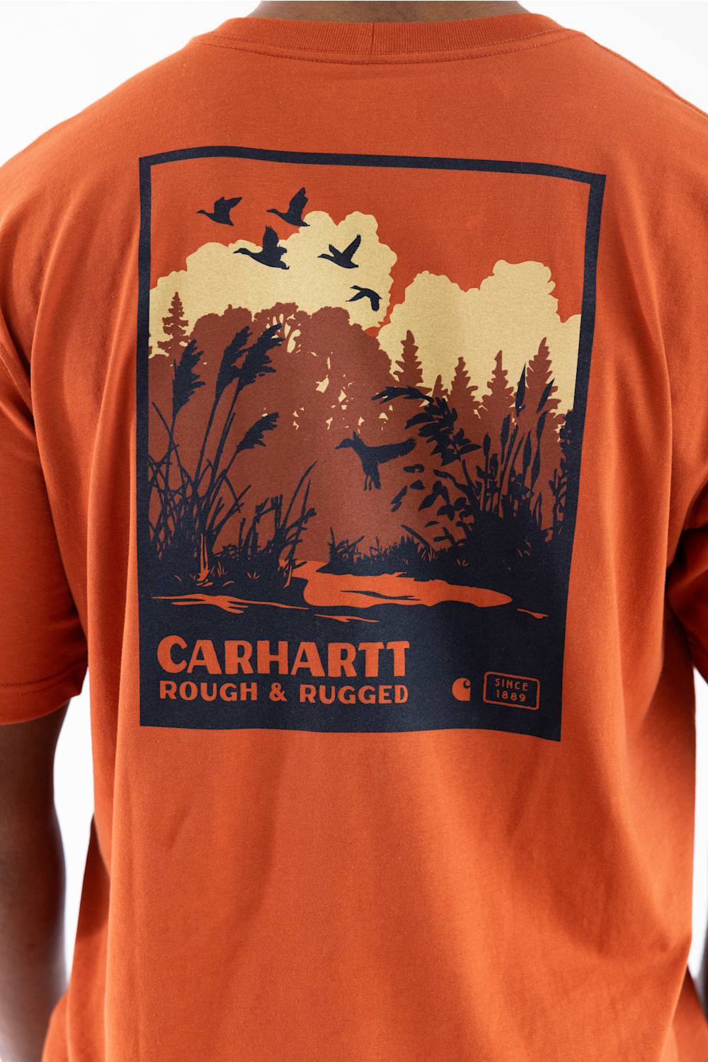 Close-up of the back of an orange Carhartt t-shirt featuring a large graphic print of a duck hunting scene in dark navy blue and beige, with the text 'CARHARTT ROUGH & RUGGED' and a small 'SINCE 1924' badge.