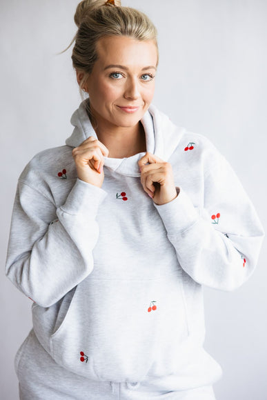 1897 Active All Over Print Cherry Embroidered Hoodie for Women in Grey