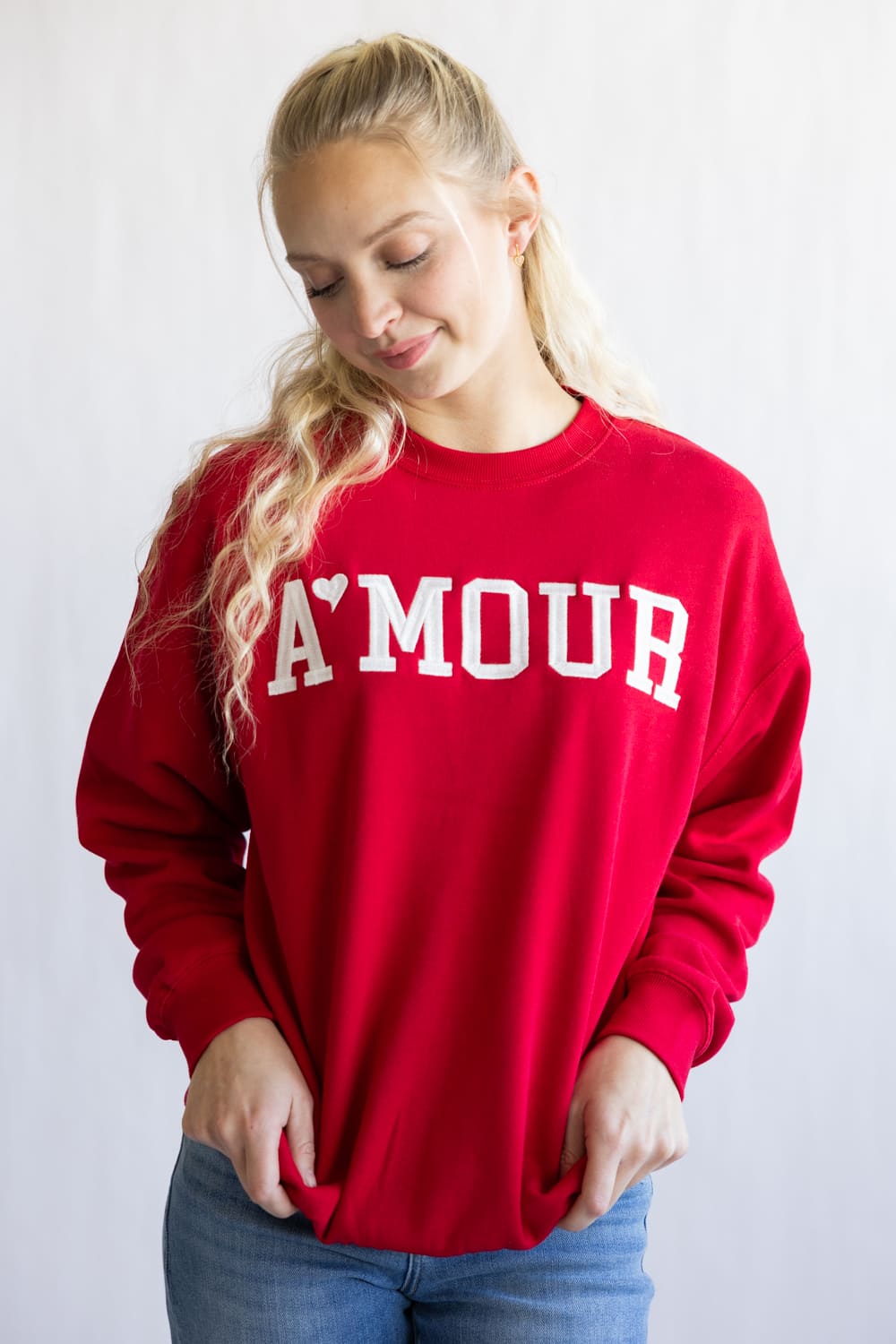 1897 Active Amour Embroidered Fleece Sweatshirt for Women in Red