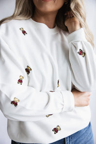 1897 Active Embroidered Bear Fleece Sweatshirt for Women in Ivory