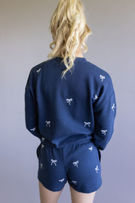 1897 Active Embroidered Bow Fleece Sweatshirt for Women in Indigo Blue