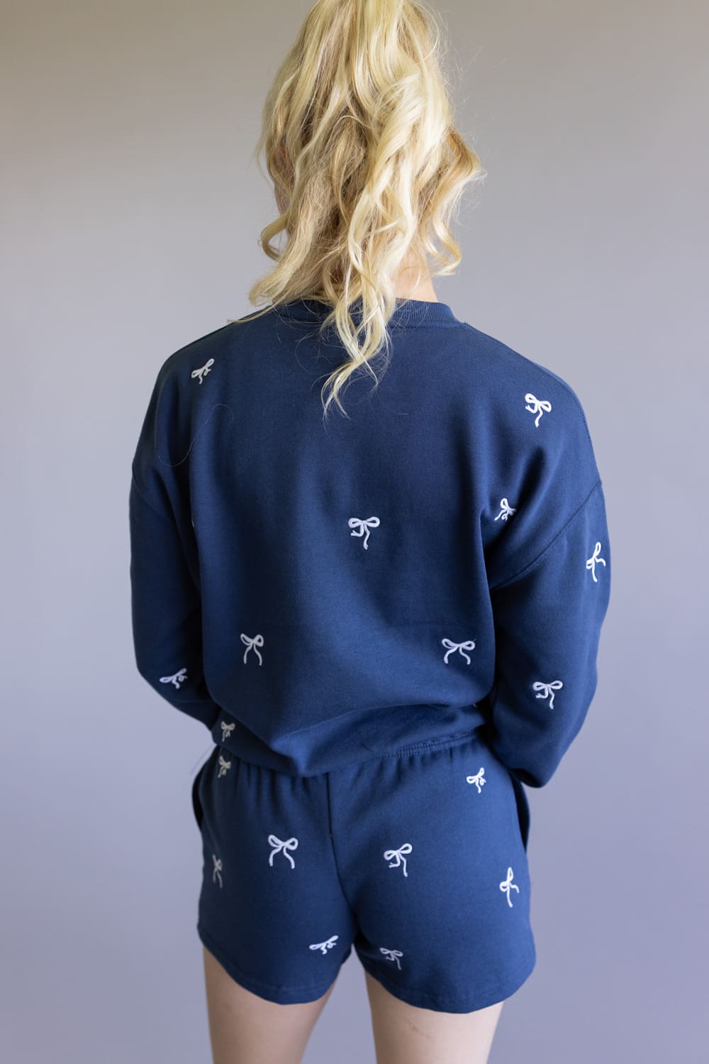 1897 Active Embroidered Bow Fleece Sweatshirt for Women in Indigo Blue