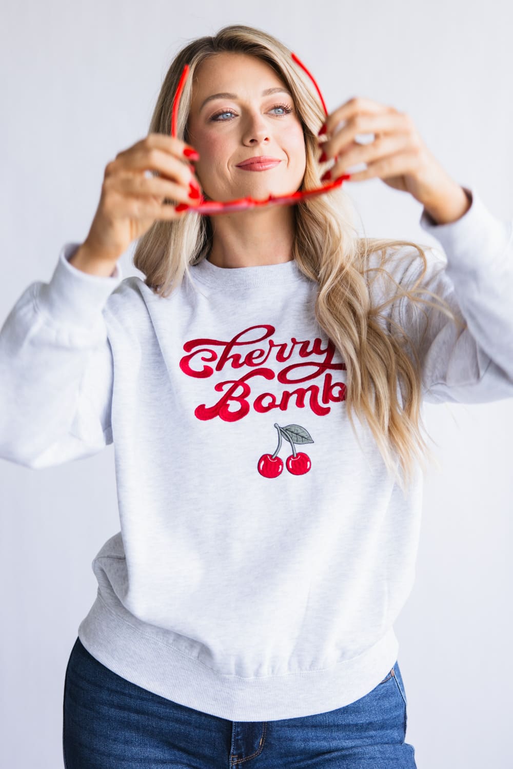 1897 Active Embroidered Cherry Bomb Sweatshirt for Women in Grey