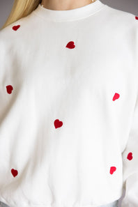 1897 Active Embroidered Hearts Fleece Sweatshirt for Women in Ivory/Red