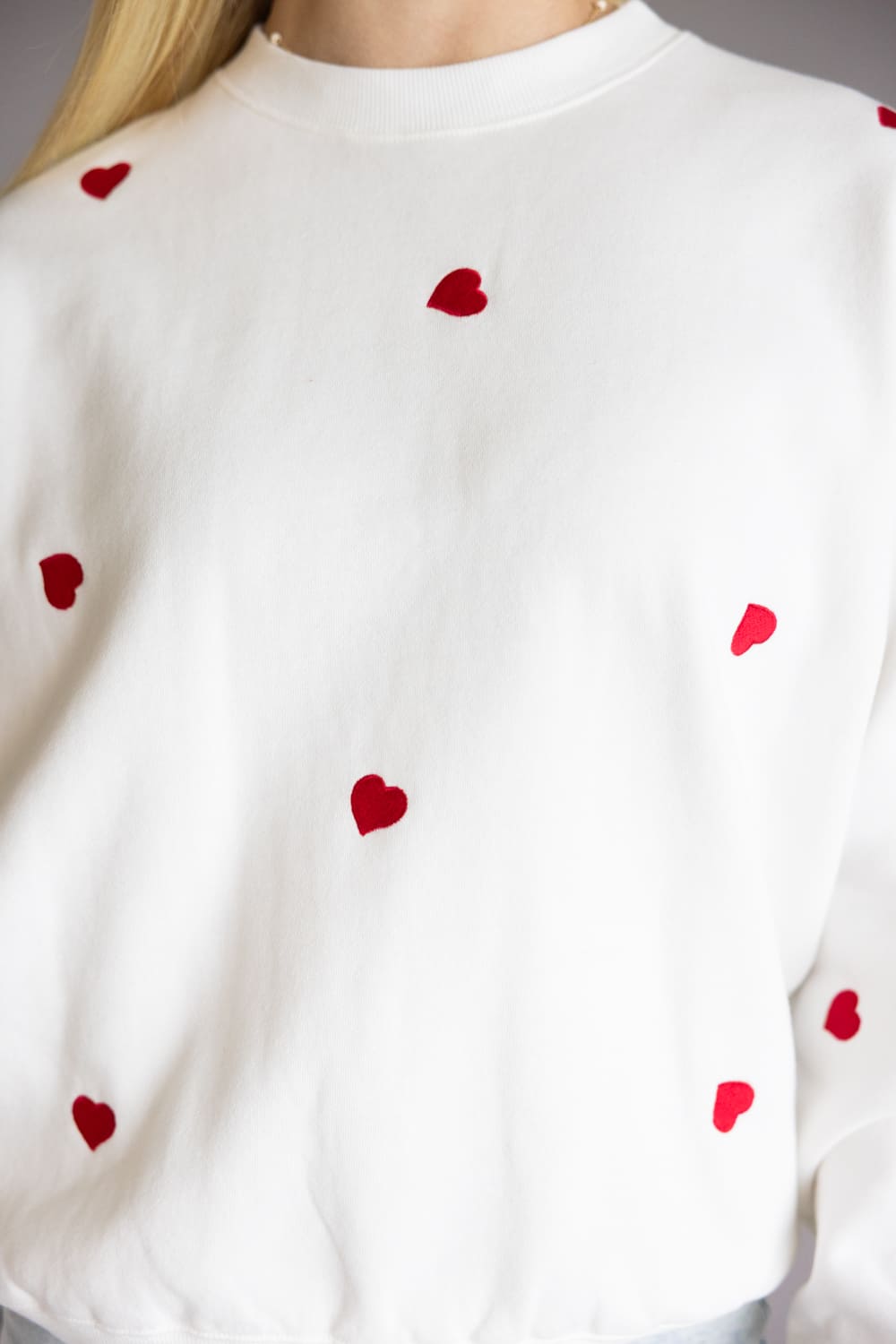 1897 Active Embroidered Hearts Fleece Sweatshirt for Women in Ivory/Red