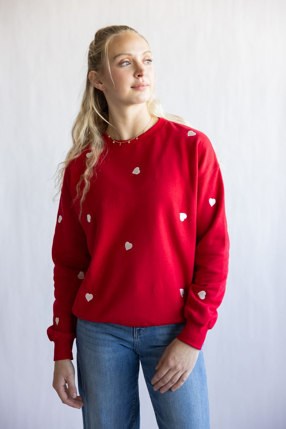 1897 Active Embroidered Hearts Fleece Sweatshirt for Women in Red