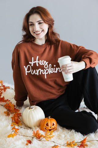 1897 Active Embroidered Hey Pumpkin Sweatshirt for Women in Rust