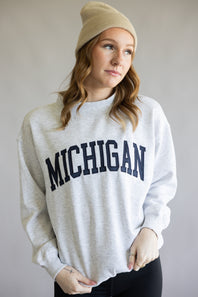 1897 Active Michigan Patch Embroidered Mock Neck Pullover for Women in Ice Grey/Navy