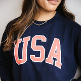 1897 Active USA Embroidered Fleece Sweatshirt for Women in Deep Navy
