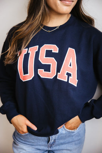 1897 Active USA Embroidered Fleece Sweatshirt for Women in Deep Navy