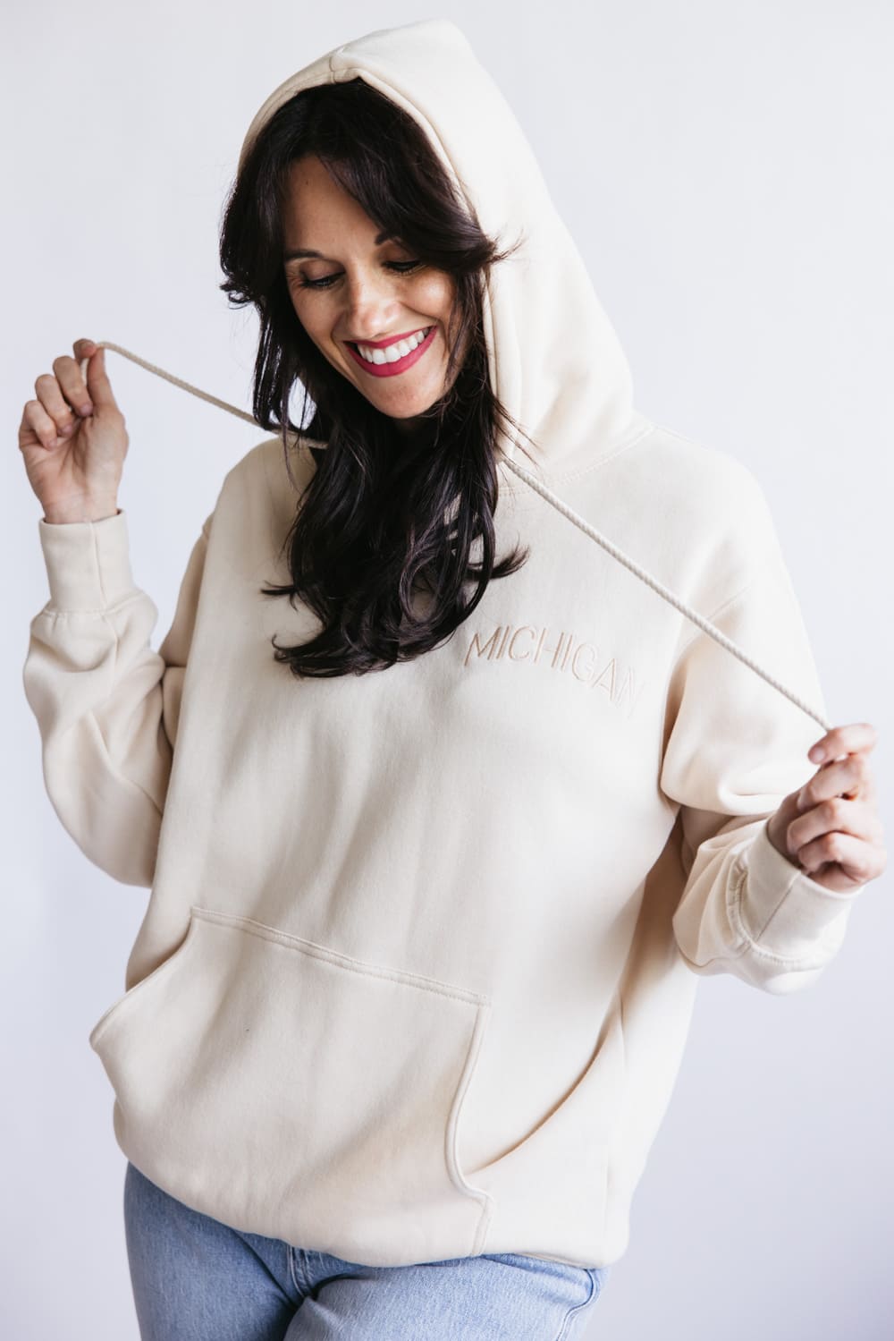 1897 Active Michigan Embroidered Hoodie for Women in Cream | JT082
