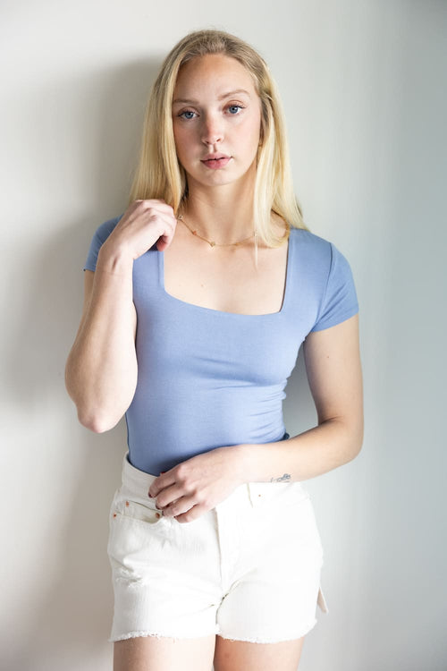 Seamless Double Layer Knit T-Shirt for Women in Denim Blue